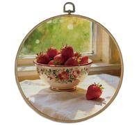 DELORIGIN Tableau mural fraise avec cadre rond 26 cm Style rétro Impression sur toile Impression d'art dans un cadre circulaire pour murs Style maison de campagne Porte