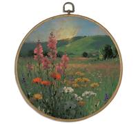 DELORIGIN Tableau rond de campagne avec cadre 26cm motif vintage de champs de fleurs paysage impression sur toile art mural dans le style maison de campagne