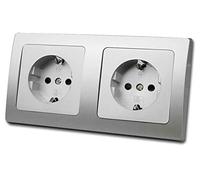 DELPHI - Double prise - Gris argenté - 250 V/16 A - Prise avec contact de protection - Avec protection anti-contact - 2 prises - Montage encastré