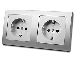 DELPHI - Double prise - Gris argenté - 250 V/16 A - Prise avec contact de protection - Avec protection anti-contact - 2 prises - Montage encastré