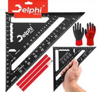DELPHI Équerre de charpentier - 180 mm - Angle de 90 ° - Triangle épais - Rapporteur d'angle pour angle précis - Avec crayons et gants (noir, 180 mm)