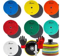 DELPHI Lot de 7 disques abrasifs diamantés humides de 100 mm pour le ponçage du grès cérame - Grain céramique 50-3000 - Avec tampon en laine M12 et gants de protection