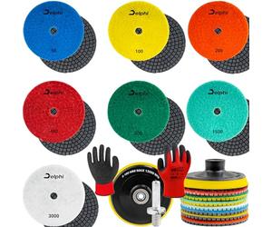 DELPHI Lot de 7 disques abrasifs diamantés humides de 100 mm pour le ponçage du grès cérame - Grain céramique 50-3000 - Avec tampon en laine M12 et gants de protection