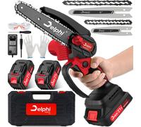DELPHI Mini tronçonneuse avec batterie Scie à main 4 et 6 pouces avec moteur sans balai avec 2x 21V 1500mAh batteries Scie électrique
