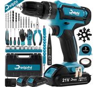 Delphi Perceuse-visseuse sans fil 21V 2 batteries 2Ah 50Nm 2 vitesses 25 niveaux de couple Lumière LED Coffret Perceuse-visseuse sans fil idéale pour les projets de bricolage