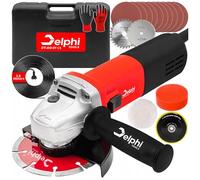 Delphi Tools Meuleuse d'angle 1500 W, 125 mm, réglage de la vitesse, coffret, disques à tronçonner et accessoires, démarrage progressif
