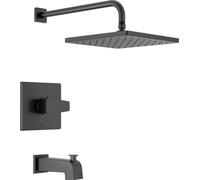 Delta Faucet Modern Raincan Square Kit de garniture de baignoire et de douche à fonction unique noir, ensemble de robinets de baignoire, pommeau de douche à effet pluie noir, kit de garniture de