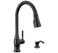 Delta Hazelwood Robinet de cuisine noir mat avec pulvérisateur rétractable et distributeur de savon, robinet d'évier de cuisine moderne à trou unique, poignée unique, noir mat 19831Z-BLSD-DST