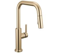 Delta Nicoli Robinet de cuisine à bec en U doré brossé avec pulvérisateur extractible, robinet d'évier de cuisine moderne à trou unique, poignée unique, bronze champagne 19868LF-CZ
