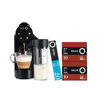 Delta Q Machine à Capsules Mini MilkQool, 20 Bars de Pression, Réservoir 0,6 L, Avec Réservoir à Lait, Inclus 2 x 40 Capsules Intensité 10 et 10 Capsules Décaféinées, Couleur Noire