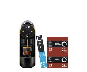 Delta Q Machine à Capsules MiniQool Jaune, 19 Bars de Pression, Réservoir 0,6 L, Inclus 2 x 40 Capsules Intensité 10 et 10 Capsules Décaféinées