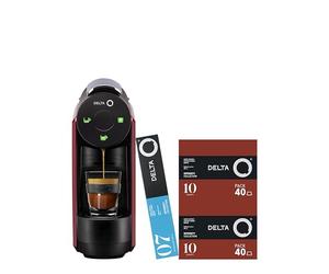 Delta Q Machine à Capsules MiniQool Rouge, 19 Bars de Pression, Réservoir 0,6 L, Inclus 2 x 40 Capsules Intensité 10 et 10 Capsules Décaféinées