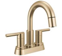Delta Robinet de salle de bain Nicoli à tirette centrale, robinet d'évier de salle de bain en bronze champagne doré, robinet de salle de bain avec pulvérisateur extractible, montage sur pont, 3 trous