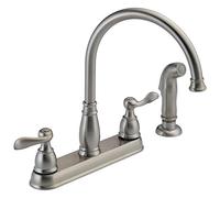 Delta Windemere Robinet de cuisine en nickel brossé avec pulvérisateur latéral, robinet d'évier de cuisine traditionnel à 4 trous, à deux poignées, en acier inoxydable 21996LF-SS