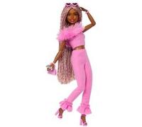Barbie Poupée Deluxe HYV28 – Tenue Barbiecore, Tresses brunes et roses, Fausse fourrure, Accessoires