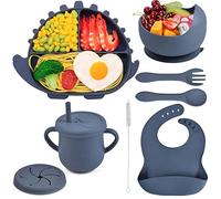 Delven Silicone Assiette pour Bébé Set Vaisselle 8 Pièces, Bleu Dinosaure | Coffret Repas avec Ventouse Bol CuillèRe Fourchette Bavoir Tasse Couvercle, Antiderapant, Set Repas pour Enfant Garçon