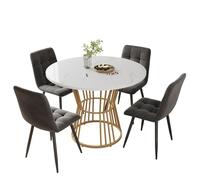 DELVOYE Marbre Ensemble Table et Chaise Tables Ronde avec 4 Velours Chaises de Salle à Manger Table de Cuisine Chaise avec Pieds en Fer plaqué Or pour Cuisine Salon Salle à Manger(Gray)