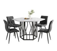 DELVOYE Table a Manger avec 4 chaises Table Salle à Manger Hexagonal en avec Pieds en Fer Noir plaqué Or Blanc Marbre Table et Velours chaises Salle Manger pour Cuisine Salon Salle à Manger(Gray)