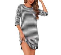 Demegimi Chemise de Nuit Femme en Coton à Rayures Robe Tee-Shirt à 3/4 Manches Courtes Col Rond Vêtements de Nuit Légers et Respirants pour l’Été