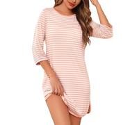Demegimi Chemise de Nuit Femme en Coton à Rayures Robe Tee-Shirt à 3/4 Manches Courtes Col Rond Vêtements de Nuit Légers et Respirants pour l’Été
