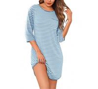 Demegimi Chemise de Nuit Femme en Coton à Rayures Robe Tee-Shirt à 3/4 Manches Courtes Col Rond Vêtements de Nuit Légers et Respirants pour l’Été
