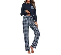 Demegimi Ensemble de Pyjama Femme Hiver Pyjama Long en Coton Doux avec Poche Étoilée Chic et Élégant,Bleu,L