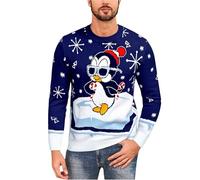 Demegimi Hommes Pulls de Noël Manche Longue Pull Imprimé Pingouins Sweat à Tricoté Drôle de Noël pour Hommes Molletonnés Imprimé Créatif Col Rond Pull Homme Manches Longues
