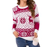 Demegimi Pull Noël Femme Pulls Molletonnés Hiver Noël Femme Col Rond Pull Femme Manches Longues Décontracté Sportif Imprimé Flocon de Neige