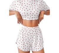 Demegimi Pyjama Femme Été Ensemble 2 Pièces Short et Haut Manche Courte Col V Vêtements de Nuit Coupe Décontractée Tenue de Détente Pyjashort Respirant pour Maison Sommer