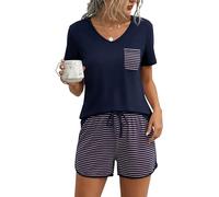 Demegimi Pyjama Femme Été Ensemble 2 Pièces Short et Haut Manche Courte Col V Vêtements de Nuit Coupe Décontractée Tenue de Détente Pyjashort Respirant pour Maison Sommer