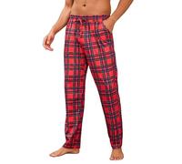 Demegimi Rote Pyjamahose Herren Baumwolle Schlafanzughose Lang Karierte Lange Schlafhose Freizeithose für Männer