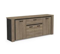 Demeyere Bahut Bas avec Nombreux Rangement en Bois - Style Industriel - Coloris Chêne Halifax & Noir Mat avec Finitions Métal Noir - 219 x 91 x 45 cm