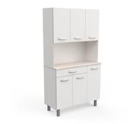 Demeyere Buffet Haut Cuisine 6 Portes et 1 Tiroir Résistant A L’Eau - Style Naturel - Coloris Blanc Mat et Bois Acacia - 101 x 42,3 x 18,53 cm