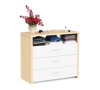 Demeyere Commode Blanche et Décor Bois - 3 Grands Tiroirs de Rangement - Commode de Chambre D’Adulte 82x93x44cm - Fabriquée en France