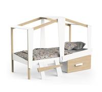 DEMEYERE Lit cabane enfant avec grand tiroir - 90 x 200 cm -Reproduction Blanc mat et chene - Sommier inlcus