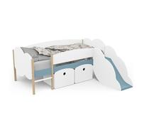 DEMEYERE Lit toboggan - 90 x 200 cm - Sommier à lattes - 2 Tirroirs - Décor blanc et bleu orage