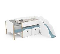 Demeyere Lit Toboggan - 90 X 200 Cm - Sommier A Lattes - 2 Tirroirs - Décor Blanc Et Bleu Orage Blanc