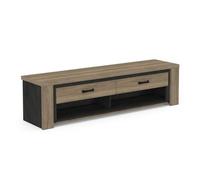 Demeyere Meuble TV Bois Et Noir 2 Tiroirs 1 Grande Niche Tendance - Style Industriel - Coloris Chêne Halifax & Noir Mat - 185 x 48 x 45 cm