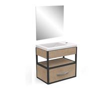 Demeyere Meuble Vasque avec Miroir & 1 Tiroir en Bois Eco-Responsable - Coloris Chêne Hamilton & Finitions Noires - Salle De Bain Gamme Line - 25 x 27 x 40, 3 cm