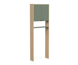 Demeyere Meuble WC Dessus De Sanitaires avec Rangements, 2 Portes Waterproof en Bois - Gamme Elisa Made in France - Coloris Vert Minéral & Chêne Vincenza - 64 x 186 x 20 cm