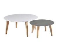 DEMEYERE Set de 2 tables basses scandinave blanc et taupe + pieds en bois pin - L 55-78 cm - ROUND