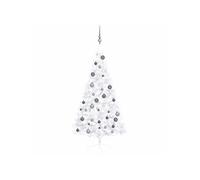 vidaXL Demi-Arbre de Noël Artificiel Pré-éclairé et Boules, Sapin de Noël avec LED, Décoration de Vacances, Ornement de Fête Intérieur Extérieur, Blanc 150cm