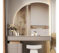 Demi-Cercle Miroir De Salle De Bain À Led Muraux, Miroir De Salle De Bain En Demi-Cercle, Miroir De Courtoisie De Salle De Bain, Lumière 3 Couleurs Réglable, Miroir Mural, Coupe À Droite(80*80cm/31.5*