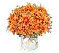 DEMIUKO Lot de 4 Bouquets de Fleurs Artificielles Dahlias Orange Bouquet de Pivoines Fleurs Roses en Soie Marguerites Plantes Floral Décoration pour Mariage Fête Floral Maison Cuisine Vase
