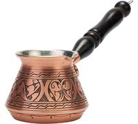 DEMMEX Cafetière Turque Grecque Arabe en Cuivre le Plus Épais, Pot à Café pour Cuisinière, Cezve Ibrik Briki avec Manche en Bois & Cuillère, (Mat Gravé à la Main (270 ml))