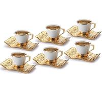 DEMMEX Ensemble de tasses à café et expresso turc, grec, arabe, bosniaque, pour 6 à 18 pièces, tasses en porcelaine (80 ml) avec supports et soucoupes en métal doré, élégant ottoman chic, blanc et or