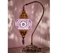 DEMMEX Lampe turque authentique, fabriquée en Turquie, lampe de chevet en mosaïque de style Tiffany marocain, abat-jour 100 % artisanal, corps et base en métal couleur laiton antique, 38,1 cm (lilas)