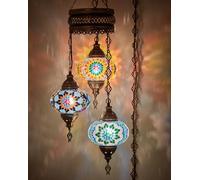 DEMMEX Lustre câblé ou branché en mosaïque marocaine turque câblée ou Swag avec chaîne de 4,6 m et 3 grands globes (multicolore) (multicolore) (prise)