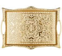 DEMMEX Plateau de service rectangulaire en métal avec gravure ottomane turque pour café, thé, 39,4 x 27,9 cm (doré)