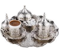 DEMMEX Service à café turc grec arabe avec tasses, soucoupes, porte-gobelets, couvercles, sucrier, couvercle et plateau, 11 pièces (argent), taille M